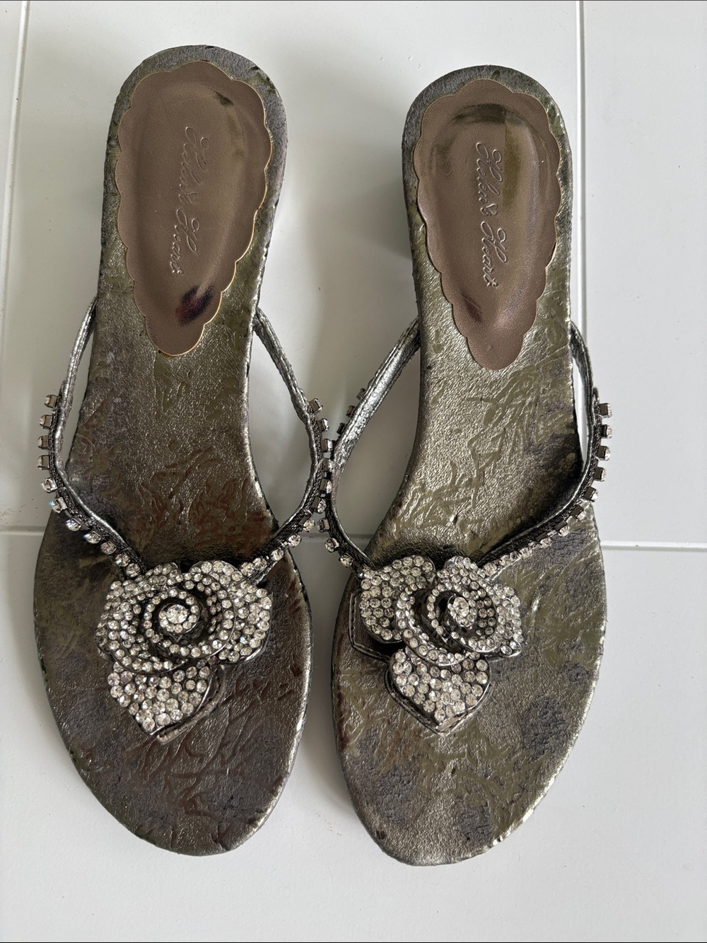 Helen’s Heart Rhinestone Floral Beaded Thong Sandals in Silvery Green